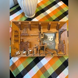 Vintage 1960s 3D Carved Wood Tavern Hunting Rifle Lodge Scene Wall Art